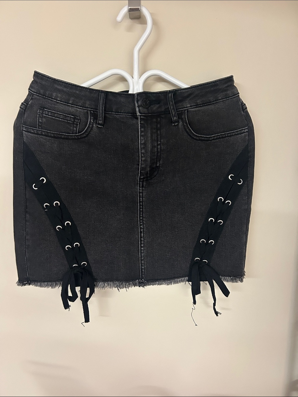 G by Guess Charcoal Black Lace-Up Denim Mini Skirt